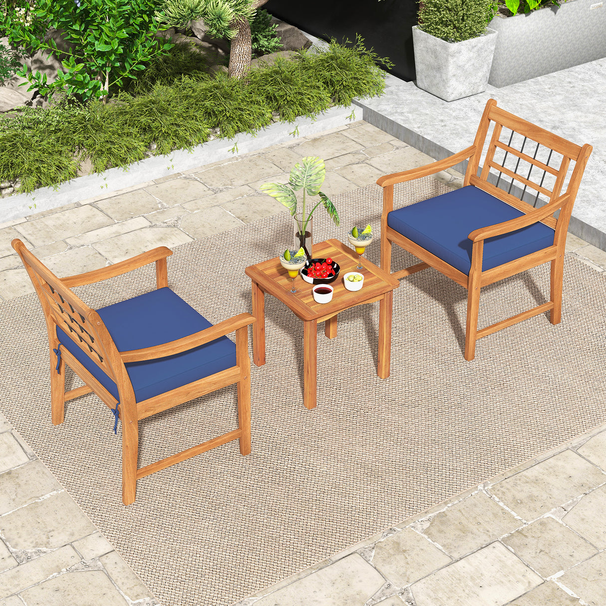 3 Piece Wood Patio Furniture Set with Seat Cushions and Acacia Wood Frame