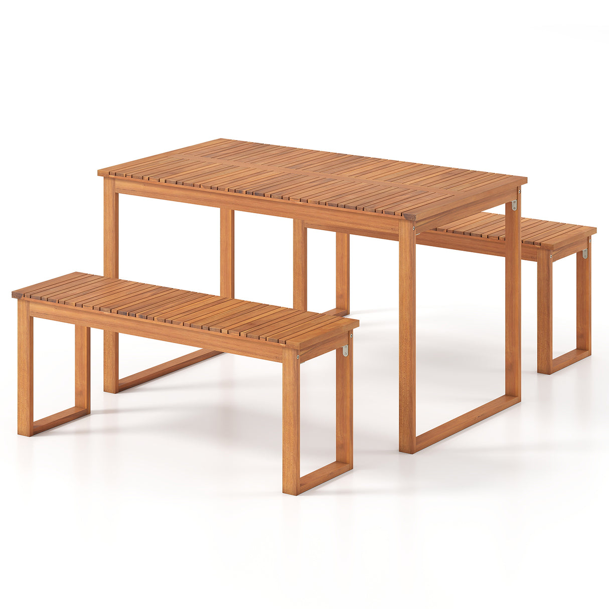 3 Pieces Acacia Wood Picnic Set with Outdoor Dining Table and 2 Benches for 4 People