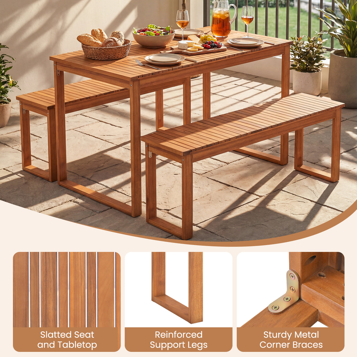 3 Pieces Acacia Wood Picnic Set with Outdoor Dining Table and 2 Benches for 4 People