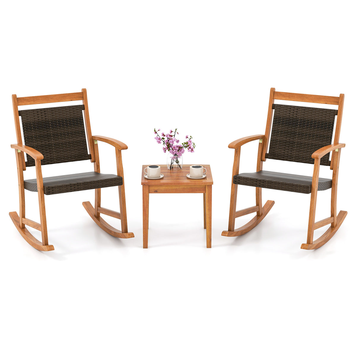 3 Pieces Acacia Wood Patio Rocking Chair Set with Side Table
