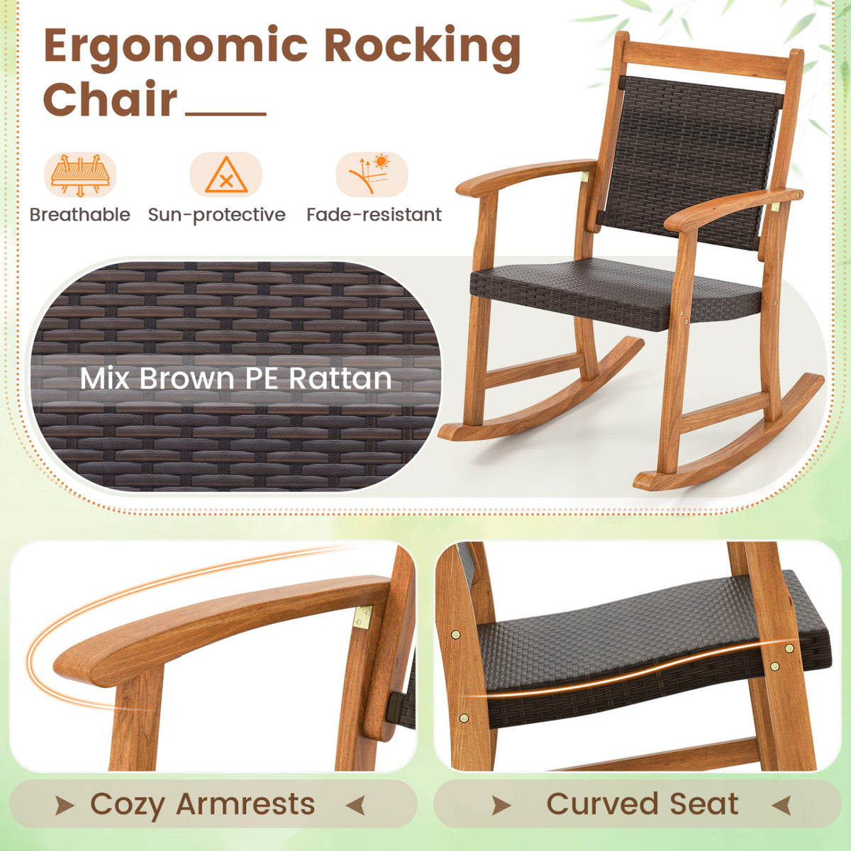 3 Pieces Acacia Wood Patio Rocking Chair Set with Side Table