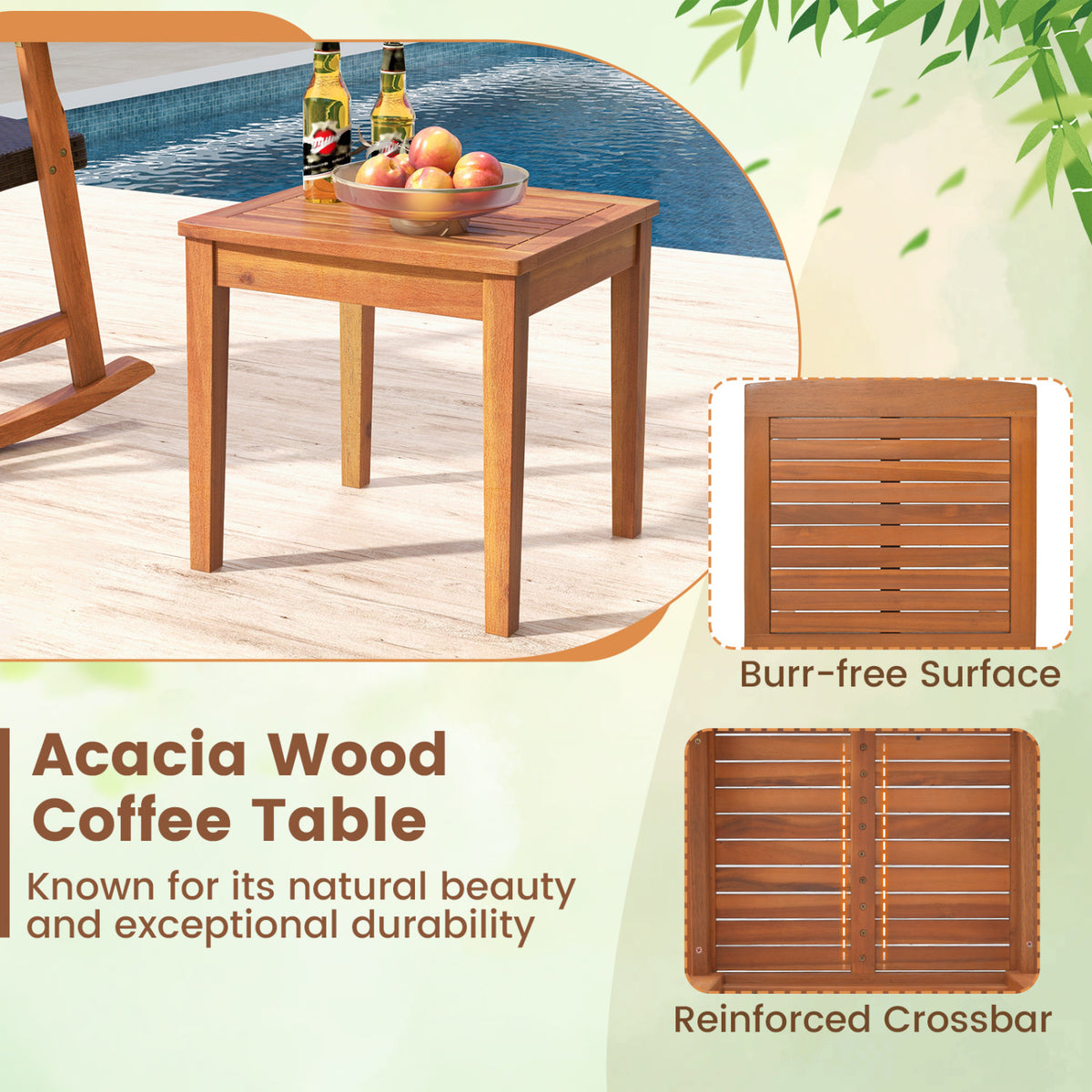3 Pieces Acacia Wood Patio Rocking Chair Set with Side Table