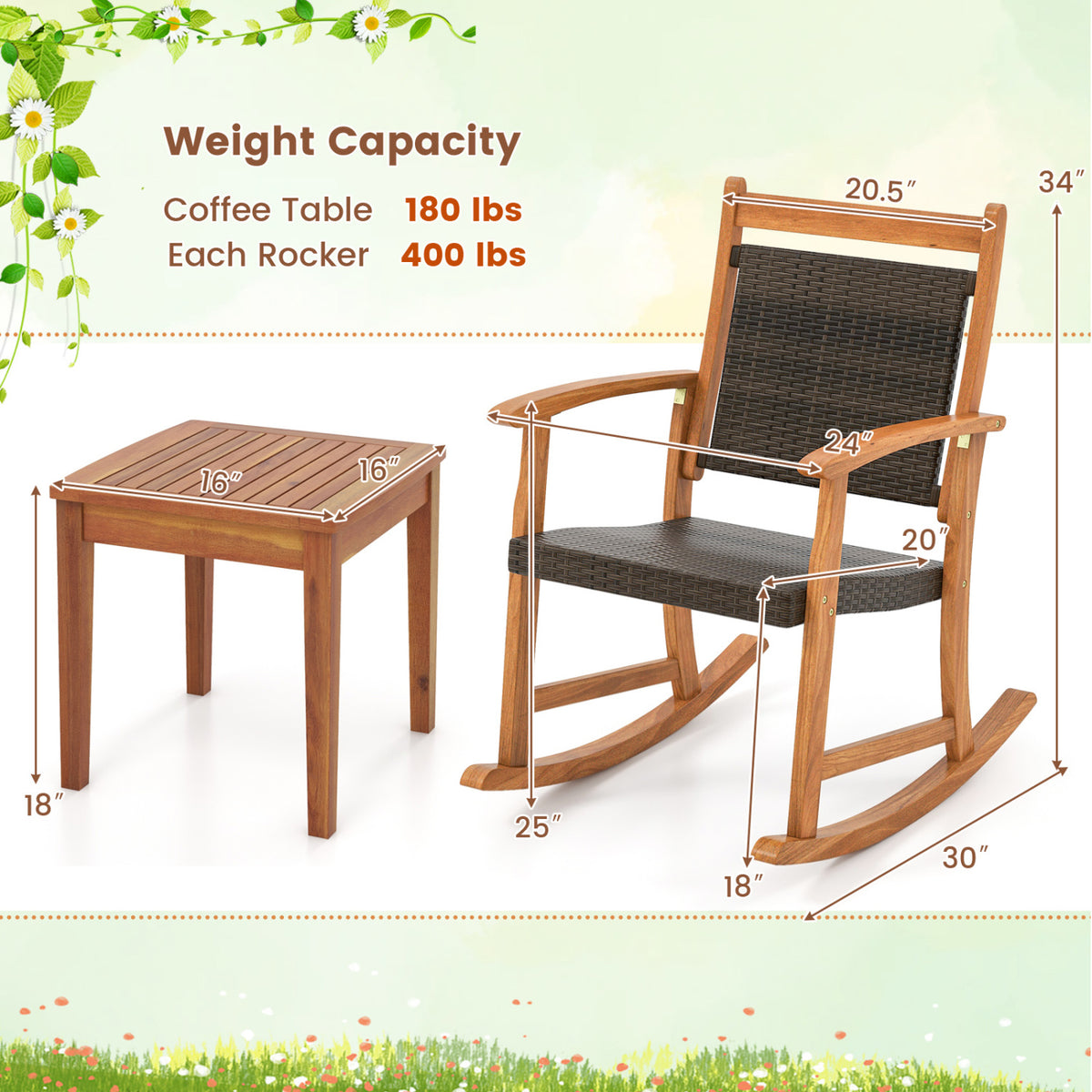 3 Pieces Acacia Wood Patio Rocking Chair Set with Side Table