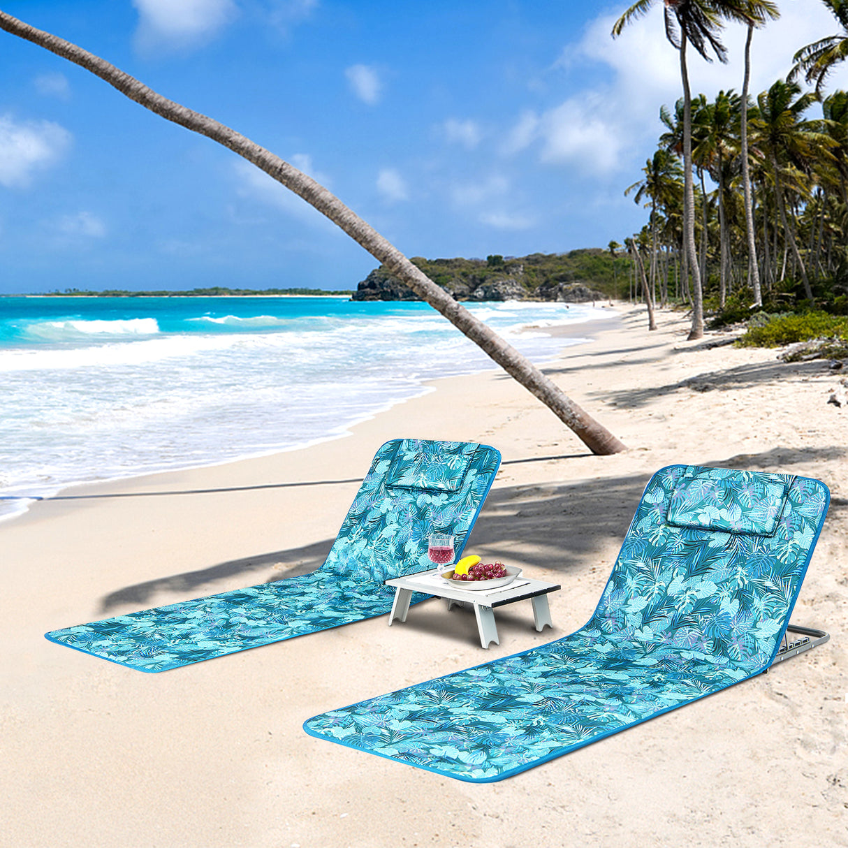 3 Pieces Beach Lounge Chair Mat Set 2 Adjustable Lounge Chairs with Table Stripe