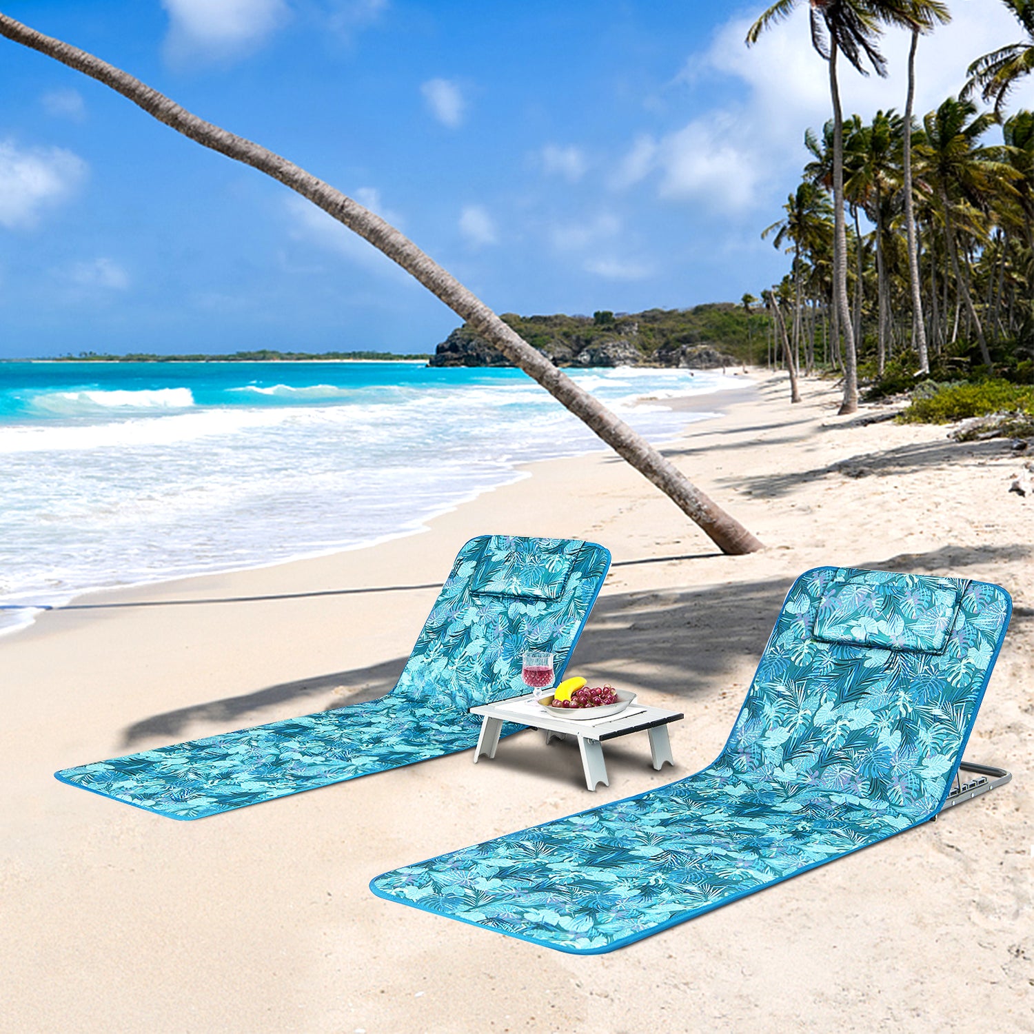 3 Pieces Beach Lounge Chair Mat Set 2 Adjustable Lounge Chairs with Table Stripe