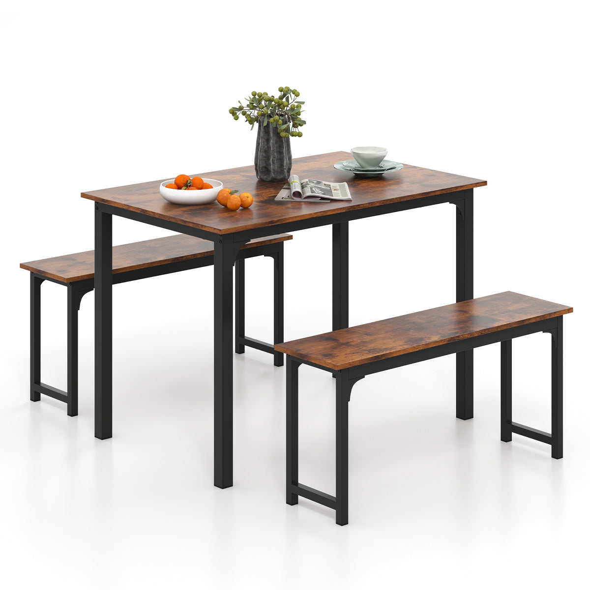 3 Pieces Farmhouse Dining Table Set with Space-Saving Design-Rustic Brown