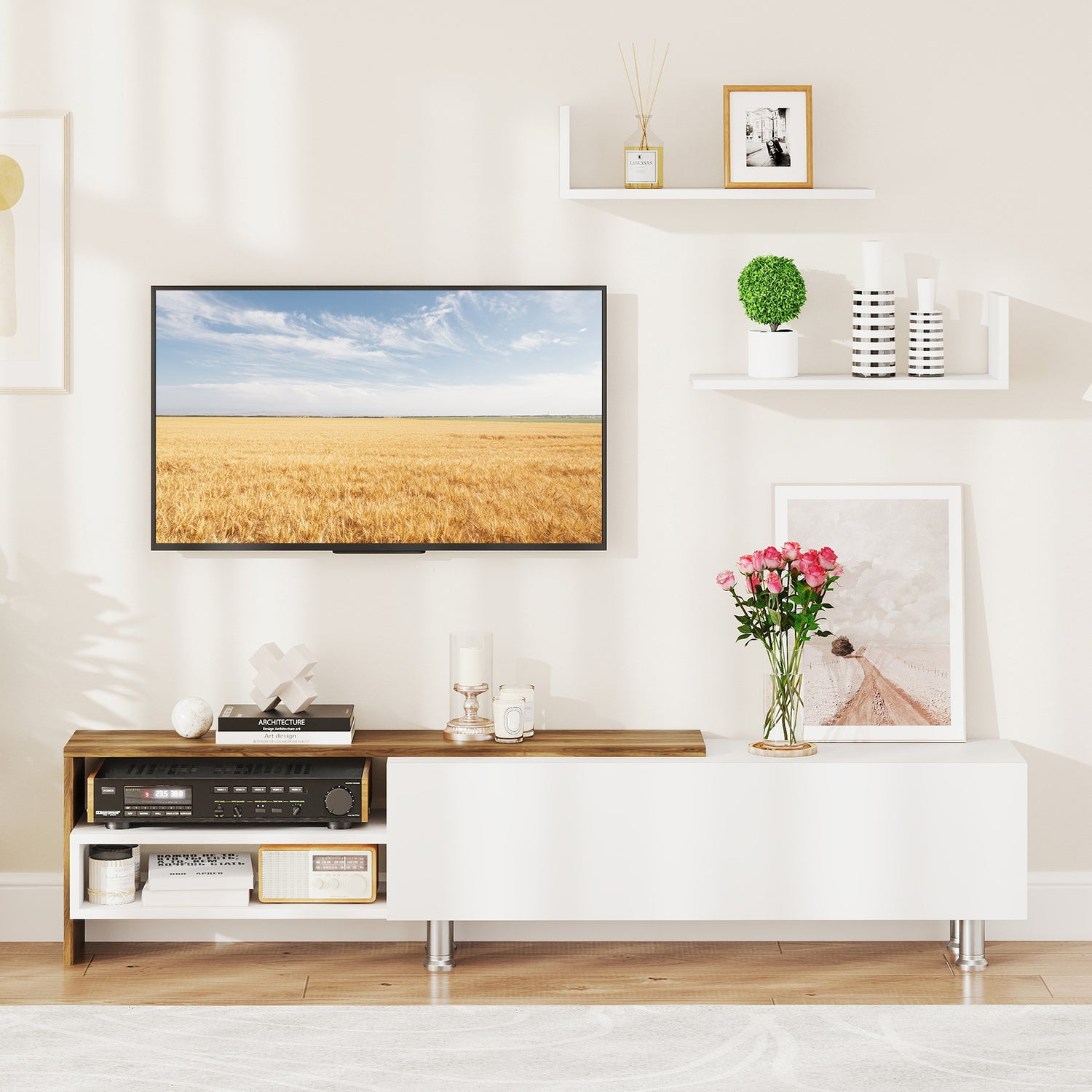 3 Pieces Farmhouse TV Stand for TVs up to 80 Inch with Cabinet and Compartments-White