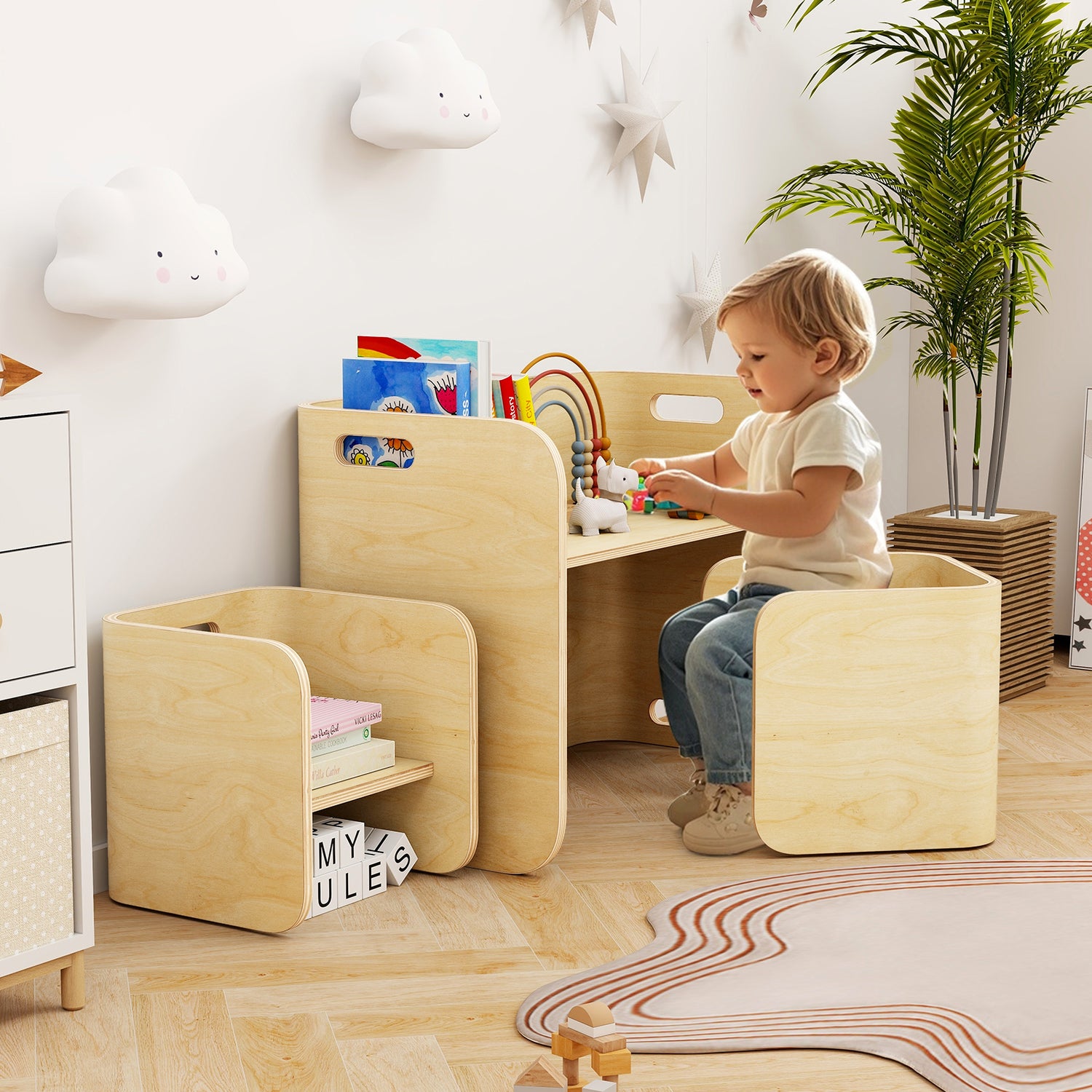 3 Pieces Kids Wooden Table and Chair Set