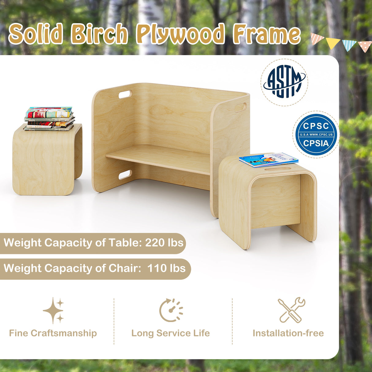 3 Pieces Kids Wooden Table and Chair Set