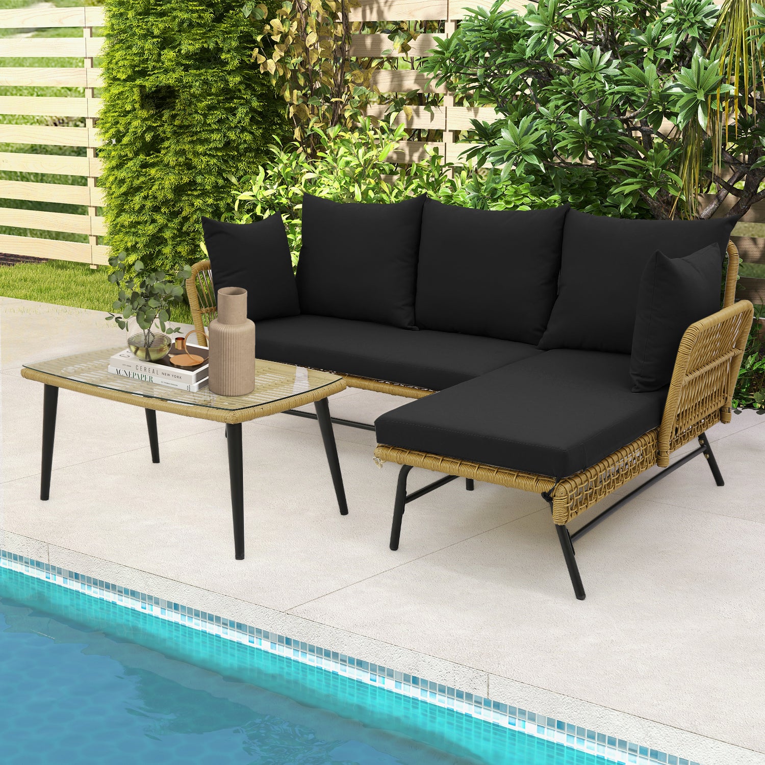 3 Pieces L-Shaped Patio Sofa with Cushions and Tempered Glass Table