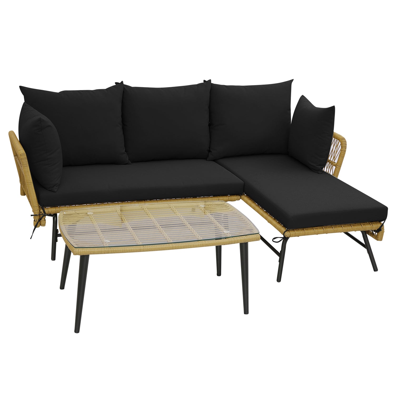 3 Pieces L-Shaped Patio Sofa with Cushions and Tempered Glass Table