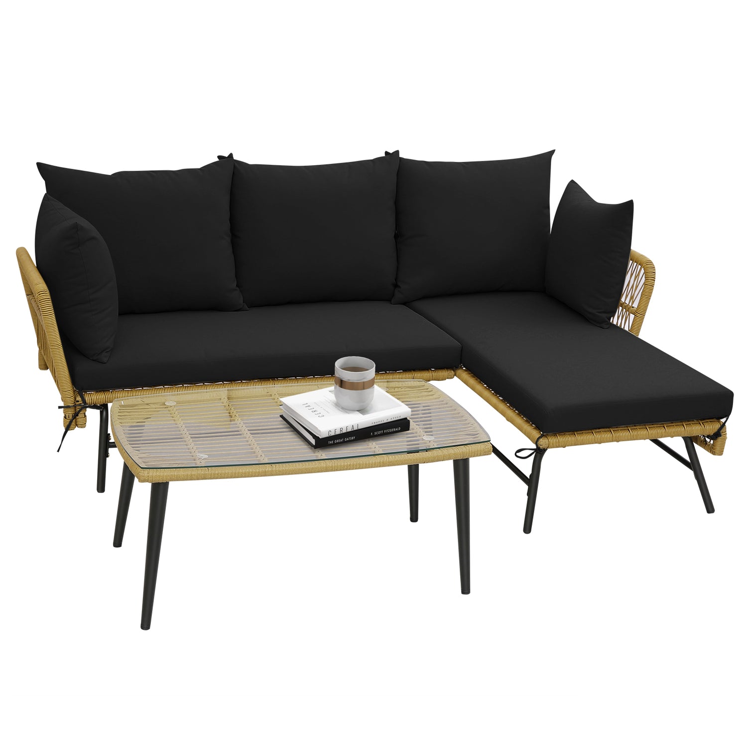 3 Pieces L-Shaped Patio Sofa with Cushions and Tempered Glass Table