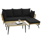 3 Pieces L-Shaped Patio Sofa with Cushions and Tempered Glass Table