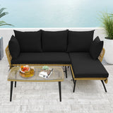 3 Pieces L-Shaped Patio Sofa with Cushions and Tempered Glass Table