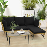 3 Pieces L-Shaped Patio Sofa with Cushions and Tempered Glass Table