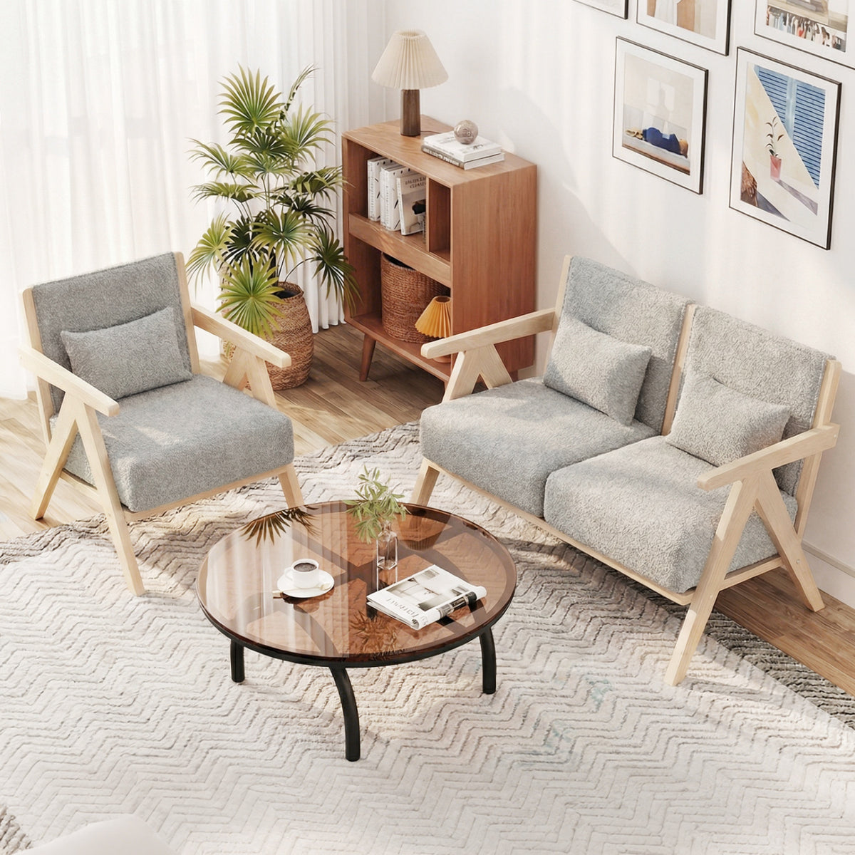 3 Pieces Living Room Furniture Set with Rubber Wood Frame