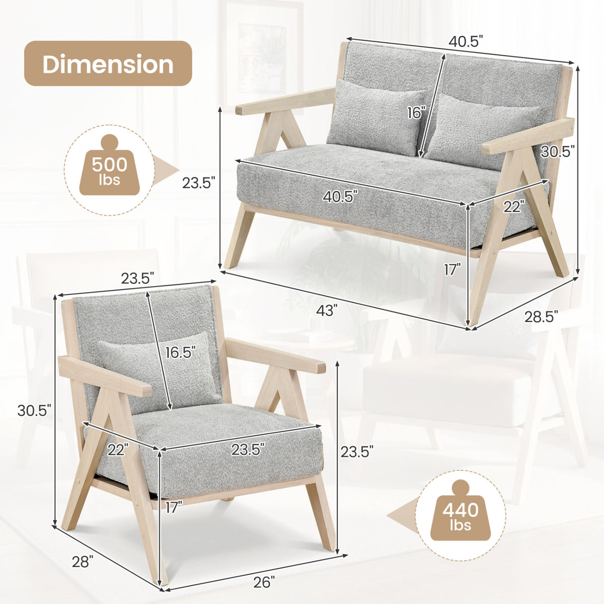 3 Pieces Living Room Furniture Set with Rubber Wood Frame