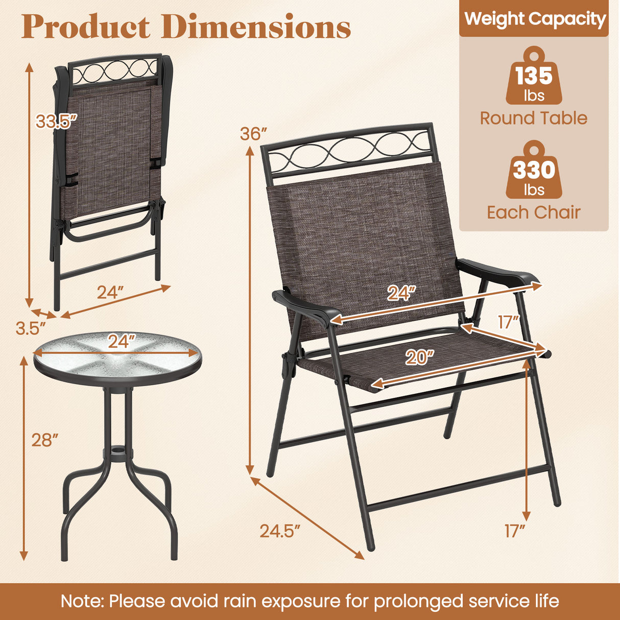 3 Pieces Outdoor Bistro Dining Furniture Set with Umbrella Hole