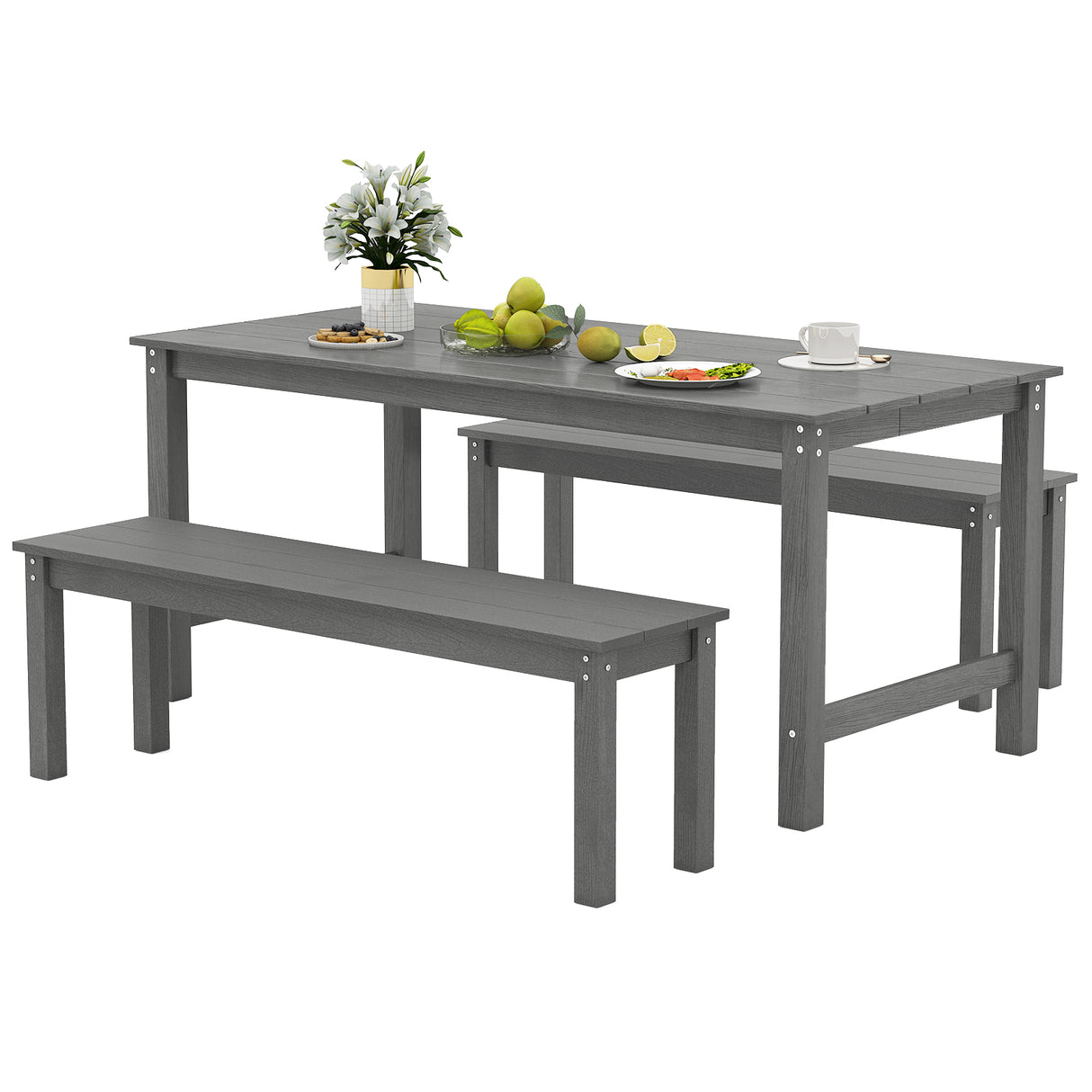 3 Pieces Outdoor Dining Table Set with 2 Benches