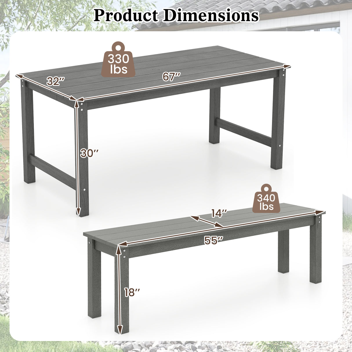 3 Pieces Outdoor Dining Table Set with 2 Benches