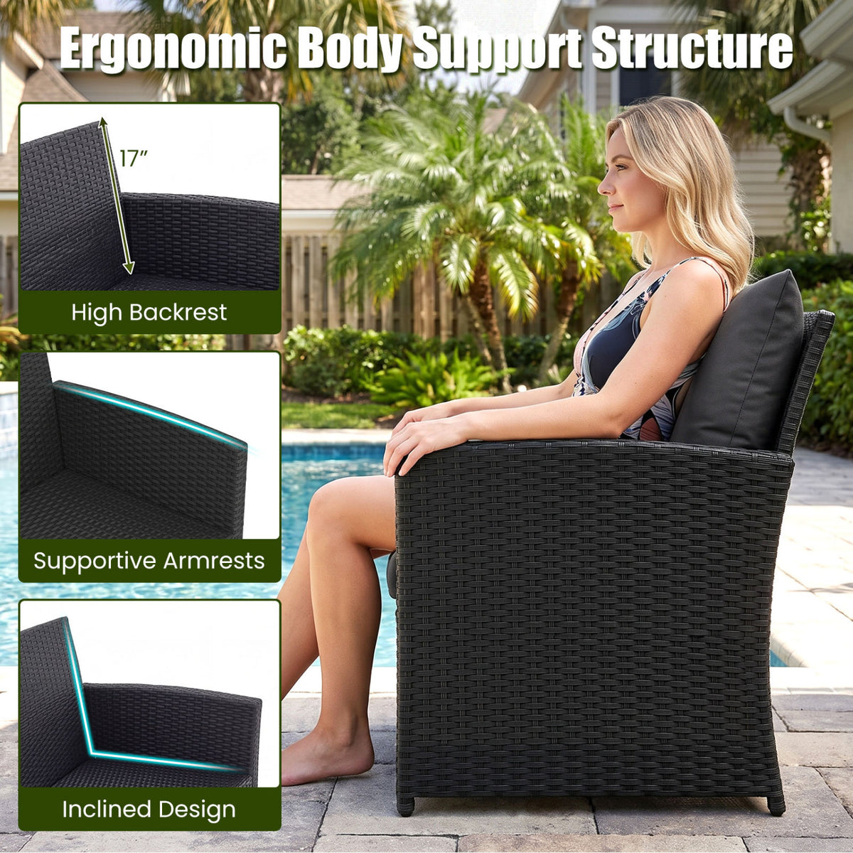 3 Pieces Outdoor Patio PE Wicker Furniture Set with Cushions