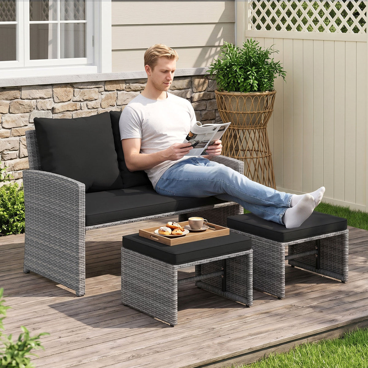 3 Pieces Outdoor Patio PE Wicker Furniture Set with Cushions