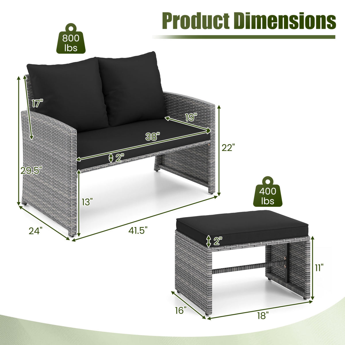 3 Pieces Outdoor Patio PE Wicker Furniture Set with Cushions