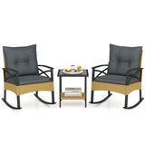 3 Pieces Outdoor Rattan Rocking Chairs Set with  2-Tier Side Table for Garden Backyard