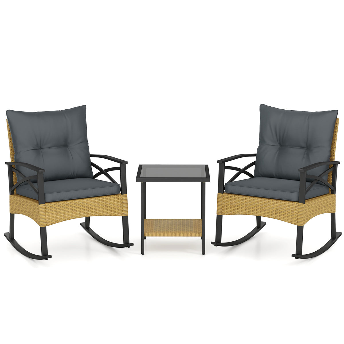 3 Pieces Outdoor Rattan Rocking Chairs Set with  2-Tier Side Table for Garden Backyard