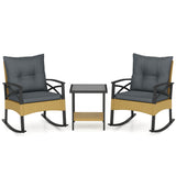 3 Pieces Outdoor Rattan Rocking Chairs Set with  2-Tier Side Table for Garden Backyard