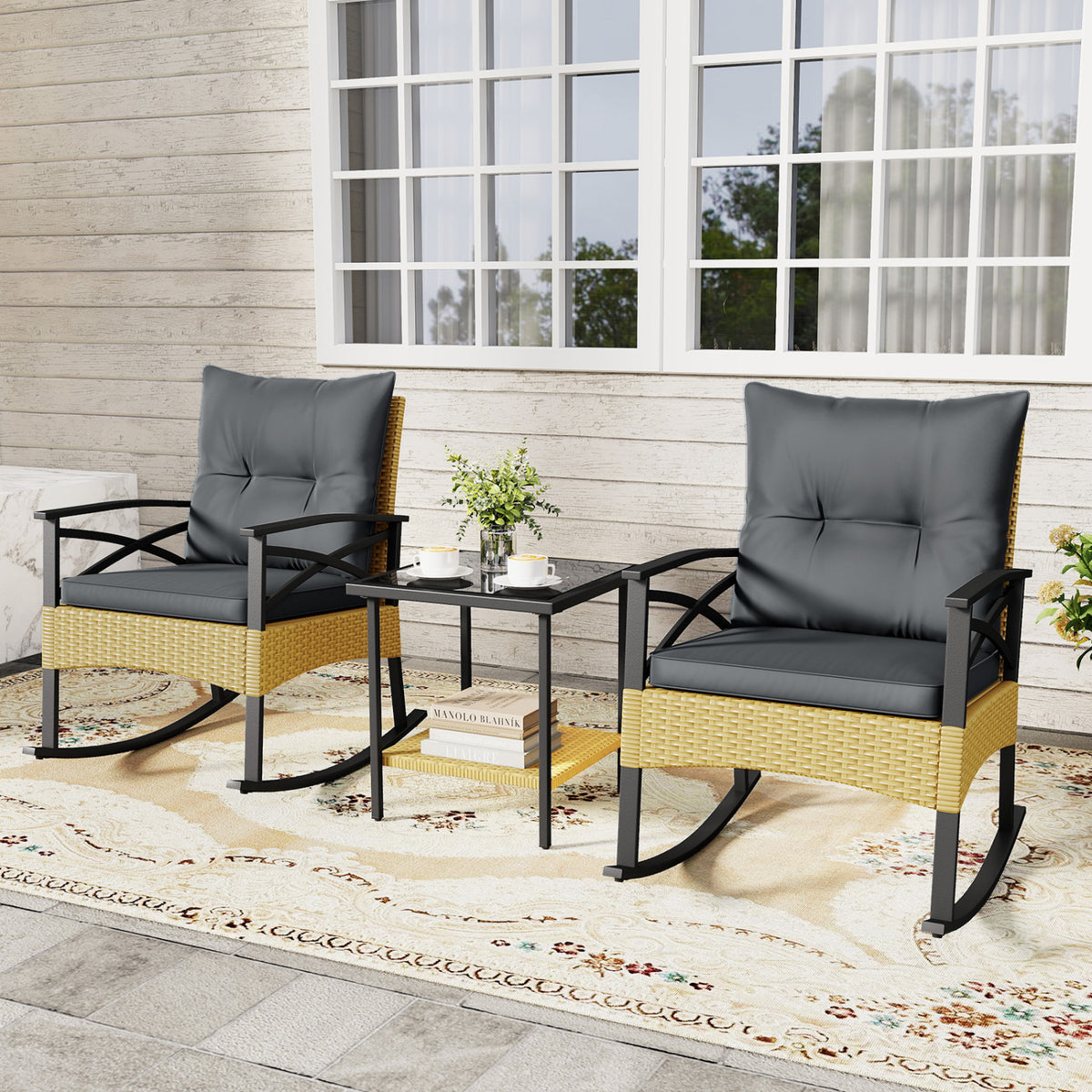 3 Pieces Outdoor Rattan Rocking Chairs Set with  2-Tier Side Table for Garden Backyard