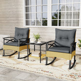 3 Pieces Outdoor Rattan Rocking Chairs Set with  2-Tier Side Table for Garden Backyard