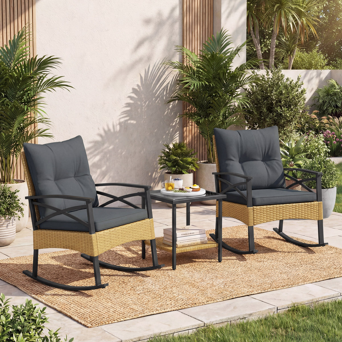 3 Pieces Outdoor Rattan Rocking Chairs Set with  2-Tier Side Table for Garden Backyard