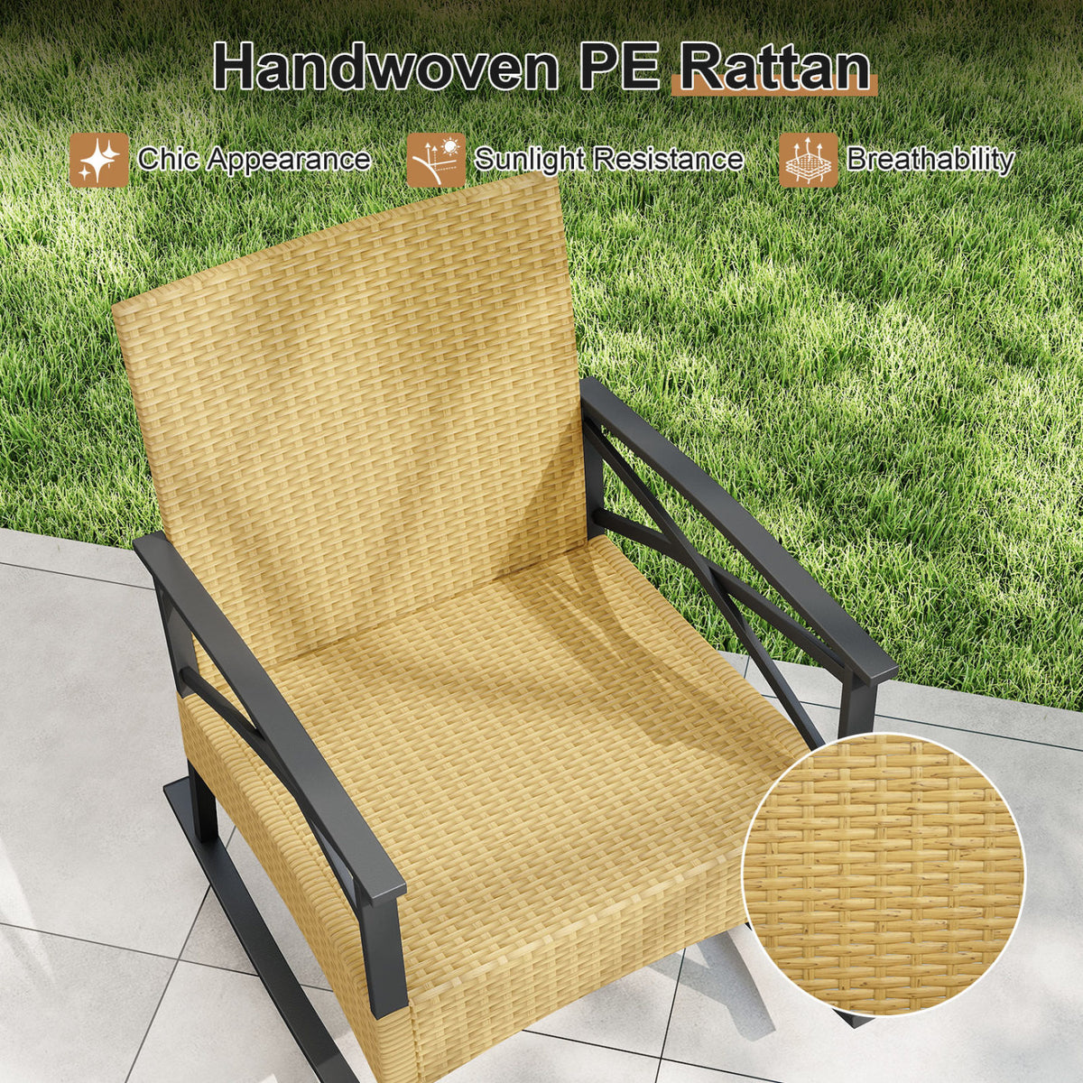 3 Pieces Outdoor Rattan Rocking Chairs Set with  2-Tier Side Table for Garden Backyard