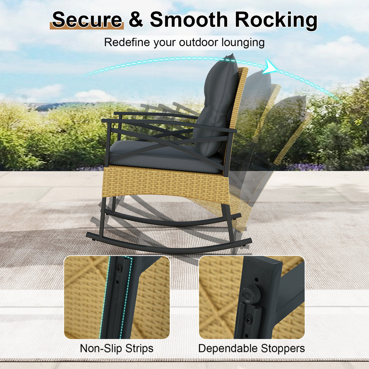 3 Pieces Outdoor Rattan Rocking Chairs Set with  2-Tier Side Table for Garden Backyard