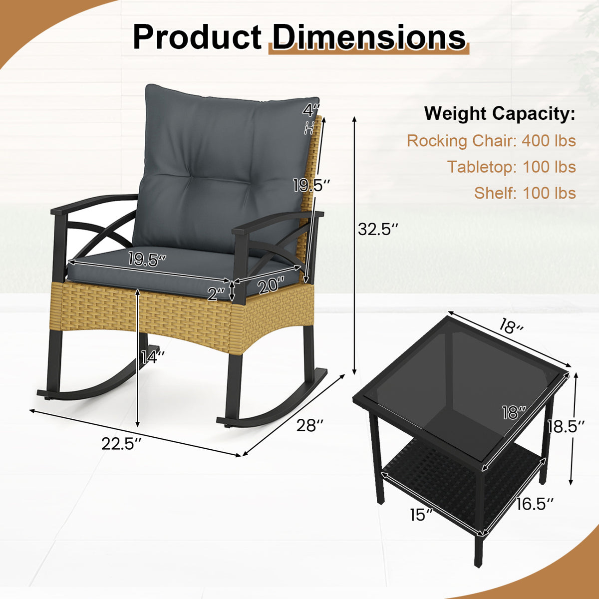 3 Pieces Outdoor Rattan Rocking Chairs Set with  2-Tier Side Table for Garden Backyard
