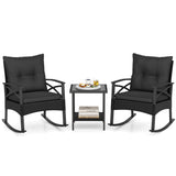 3 Pieces Outdoor Rattan Rocking Chairs Set with  2-Tier Side Table for Garden Backyard