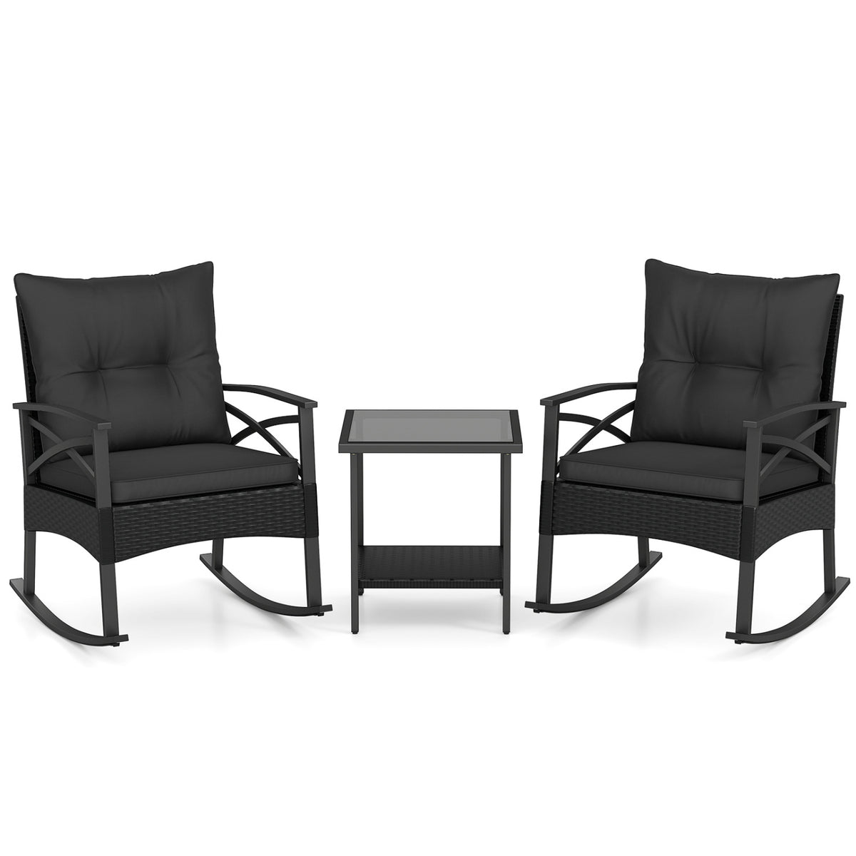 3 Pieces Outdoor Rattan Rocking Chairs Set with  2-Tier Side Table for Garden Backyard