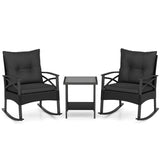 3 Pieces Outdoor Rattan Rocking Chairs Set with  2-Tier Side Table for Garden Backyard