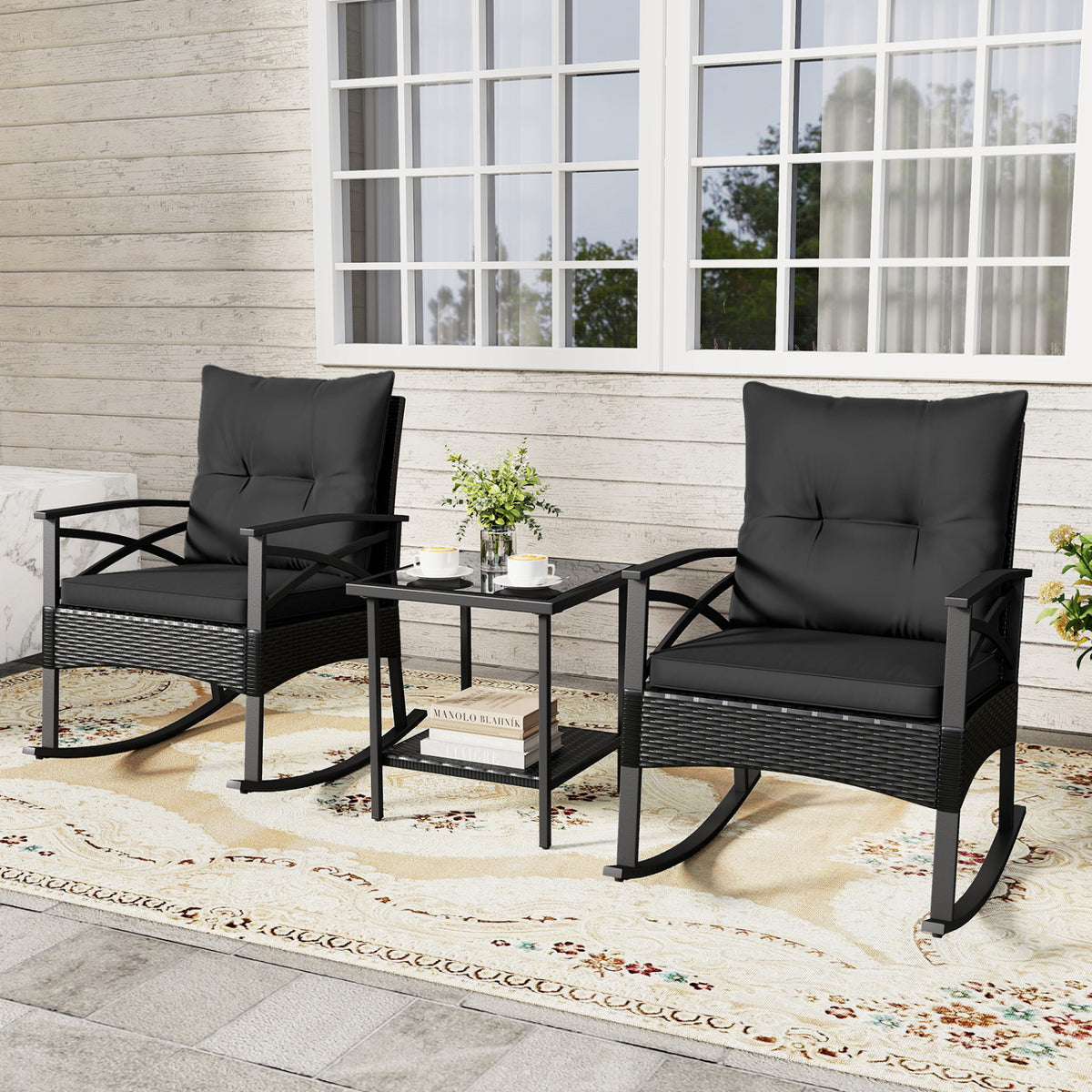 3 Pieces Outdoor Rattan Rocking Chairs Set with  2-Tier Side Table for Garden Backyard
