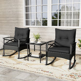 3 Pieces Outdoor Rattan Rocking Chairs Set with  2-Tier Side Table for Garden Backyard