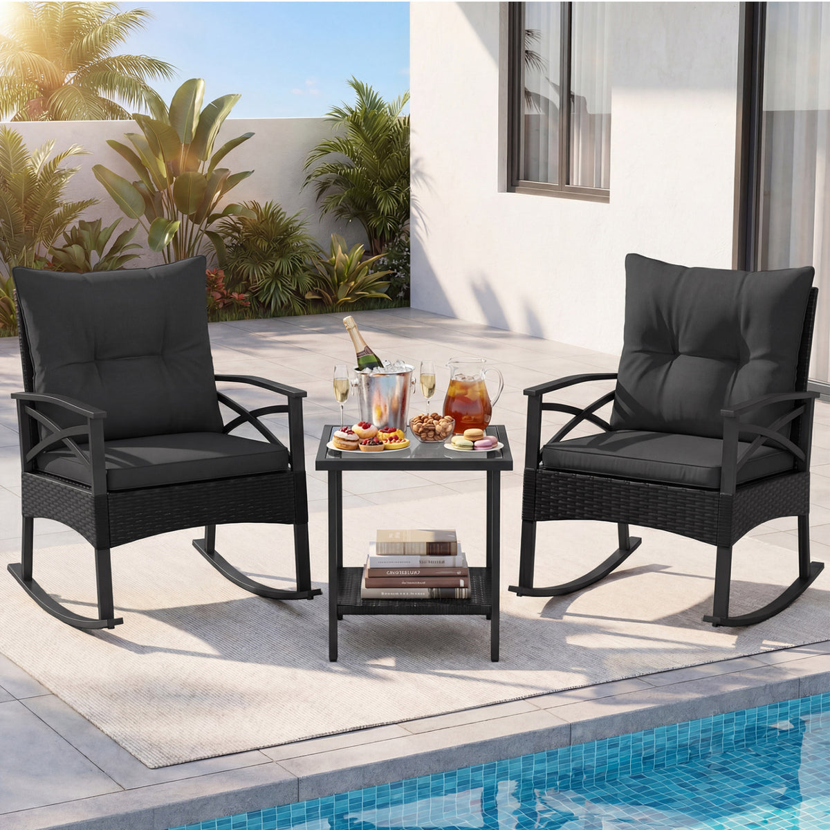 3 Pieces Outdoor Rattan Rocking Chairs Set with  2-Tier Side Table for Garden Backyard