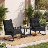 3 Pieces Outdoor Rattan Rocking Chairs Set with  2-Tier Side Table for Garden Backyard