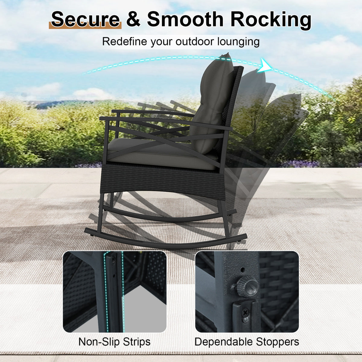 3 Pieces Outdoor Rattan Rocking Chairs Set with  2-Tier Side Table for Garden Backyard