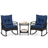 3 Pieces Outdoor Rattan Rocking Chairs Set with  2-Tier Side Table for Garden Backyard