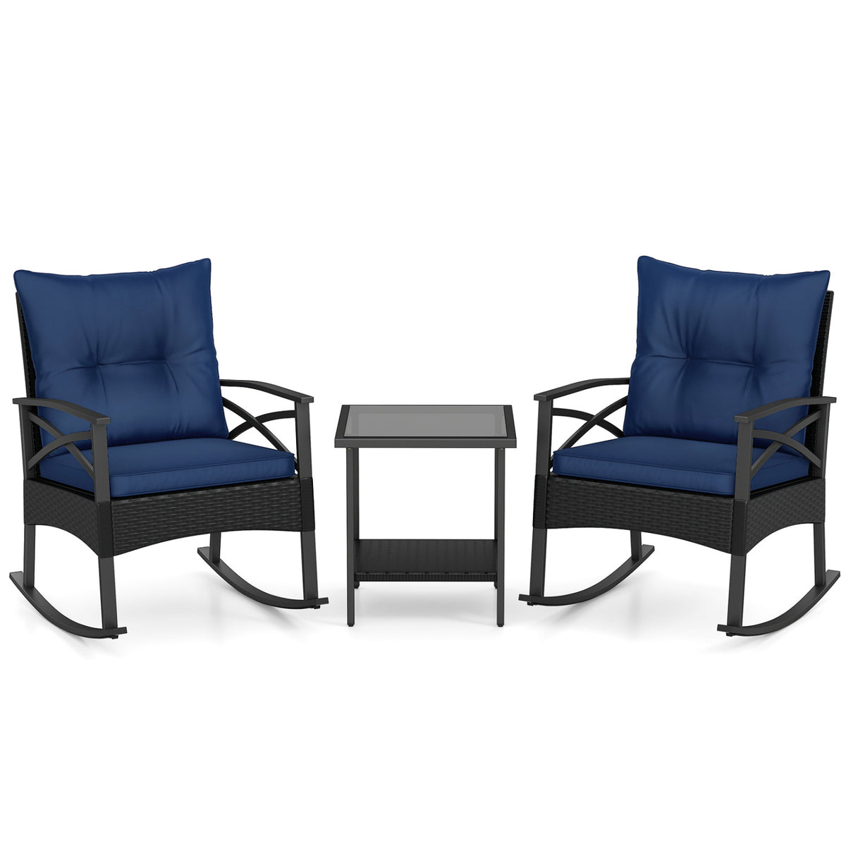 3 Pieces Outdoor Rattan Rocking Chairs Set with  2-Tier Side Table for Garden Backyard