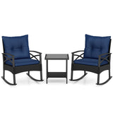 3 Pieces Outdoor Rattan Rocking Chairs Set with  2-Tier Side Table for Garden Backyard