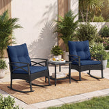 3 Pieces Outdoor Rattan Rocking Chairs Set with  2-Tier Side Table for Garden Backyard