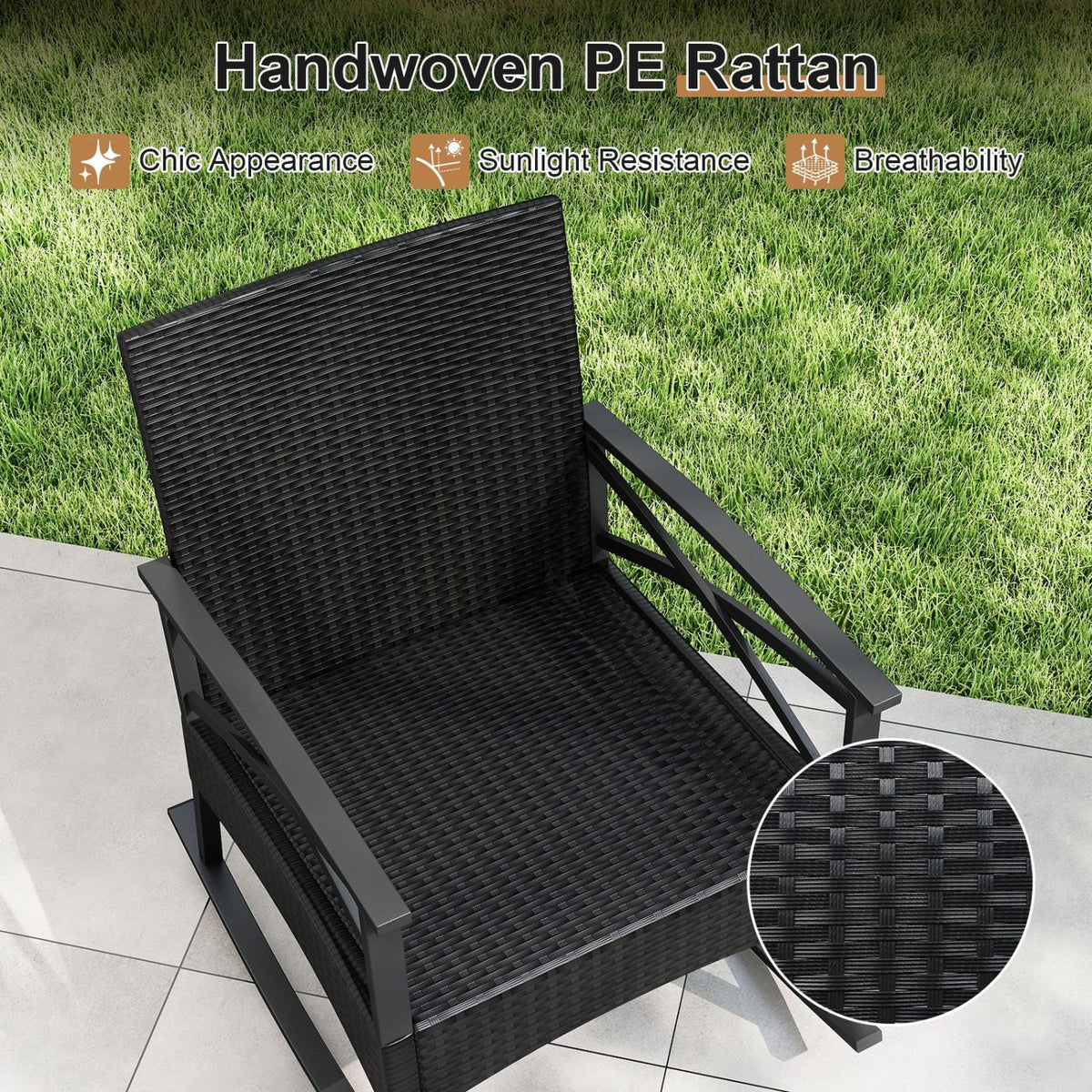 3 Pieces Outdoor Rattan Rocking Chairs Set with  2-Tier Side Table for Garden Backyard