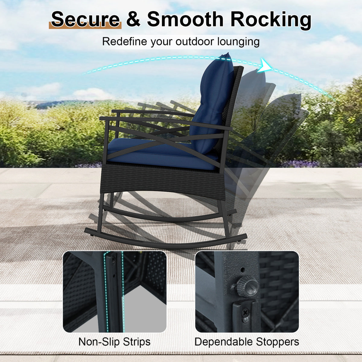 3 Pieces Outdoor Rattan Rocking Chairs Set with  2-Tier Side Table for Garden Backyard